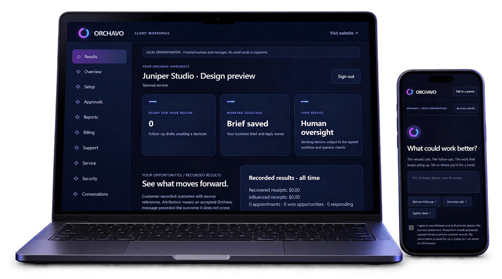 Realistic laptop and iPhone displaying Orchavo workspace and business assessment previews